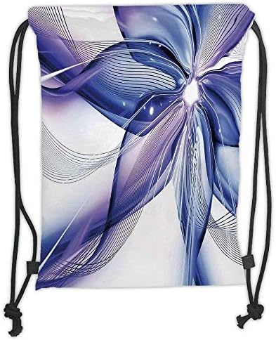 Custom Printed Drawstring Backpacks Bags,Abstract Decor,Geometrical Smoke like Striped Huge Flower Floral Design Artwork,Blue White and Purple Soft Satin,5 Liter Capacity,Adjustable String Closur