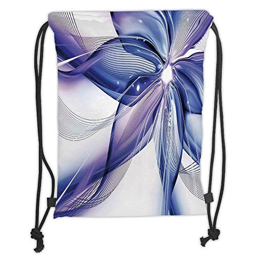 Custom Printed Drawstring Backpacks Bags,Abstract Decor,Geometrical Smoke like Striped Huge Flower Floral Design Artwork,Blue White and Purple Soft Satin,5 Liter Capacity,Adjustable String Closur