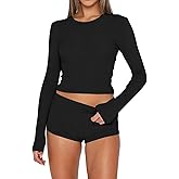 INFITTY Sexy Pajama Set for Women 2 Piece Crew Neck Long Sleeve Pj Soft Top and Shorts Sleepwear Set