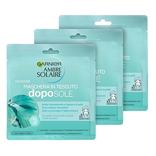 Garnier Ambre Solaire Mask Doposole in Fabric with Hyaluronic Acid, Moisturizes The Skin And Extension Tans, 3 Pieces