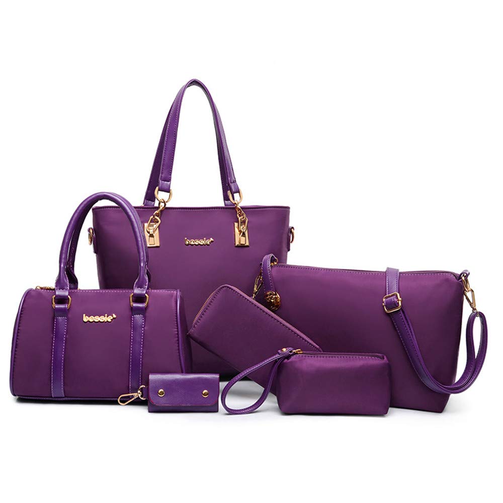 AlwaySky Nylon Women's Shoulder Bag 6 PCS Top-Handle Handbag Tote Purse Wallet Key Case Set (Purple)