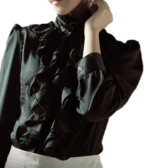 black high neck ruffle blouse