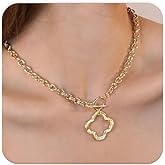 LUXU kisskids Gold Necklace for Women, 16K Gold Plated Stainless Steel Chunky Bold Round Link Chain Paperclip Clover Charm Pendant Necklace, Non Tarnish Hypoallergenic Jewelry Gift