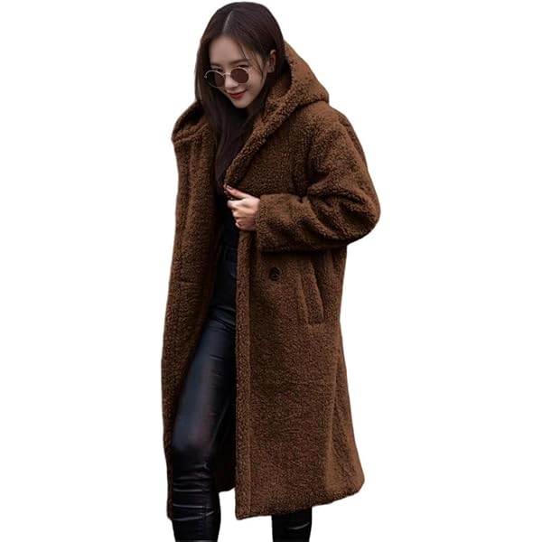 Womens Fuzzy Fleece Jacket Winter Teddy Long Hooded Coat Jacket