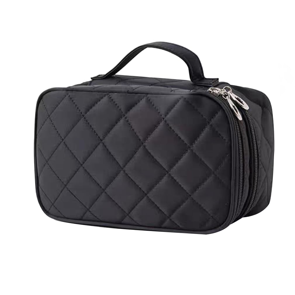 LKMY Makeup Bag Organiser for Women, Professional Multi-Functional 2-Layer,Travel Cosmetic Bag Waterproof with Brush Compartment Mirror, Portable Large Capacity Make Up Case (Black)