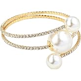 Dainty Rhinestone Silver Gold Pearl Open Bangle Bracelet Fashion Chunky Gold Bracelets Wedding Sparkly Layered Bracelet Adjustable Pearl Bracelets for Women-A