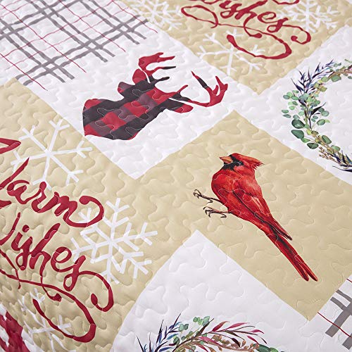Christmas Quilt Set Rustic Christmas Santa Tree Snowman Pattern Printed Bedding Solid Quilted Bedspread Coverlet with 2 Pillow Shams for All Seasons, Soft Microfiber Quilt 90*90 inches (Queen, 3Pcs)