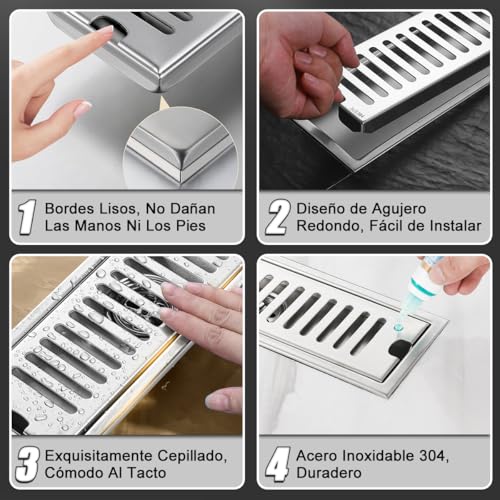 Drenaje de Piso Rectangular 10 * 60CM Coladera de Desagüe Baño Acero Inoxidable Coladera Regadera Lineal Rejilla de Desagüe para Cocina Anti-Obstrucción Drenaje de Ducha Suelo Filtro Agua Anti-Olor