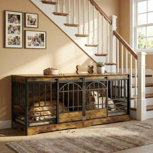78" Extra Large Dog Crate Furniture for 2 Dogs, Double Wooden XL Indoor Kennel…