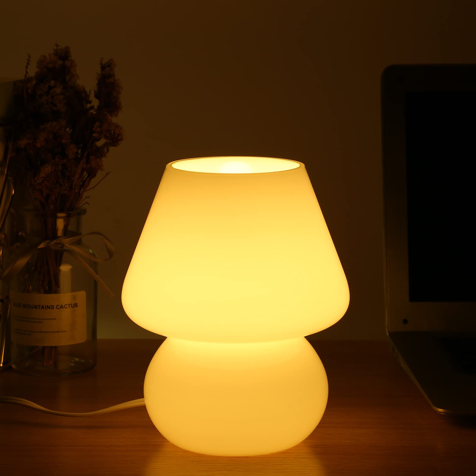 Photo 1 of BSOD Mushroom lamp,Glass Mushroom Bedside Table Lamp Translucent Murano Vintage Style Striped Small Nightstand Desklamp Swirl Light for Home Decor, Dining, Living, Bedroom, Gift (Matte White)