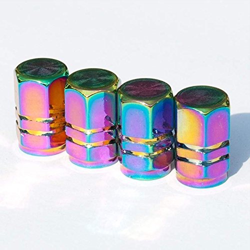 Neo Chrome Rainbow Tire Stem Valve Caps Cover (Set of 4pcs) Aluminum with Gasket Rubber Rings Universal fit for All cars and Bike (Hexagon Style)