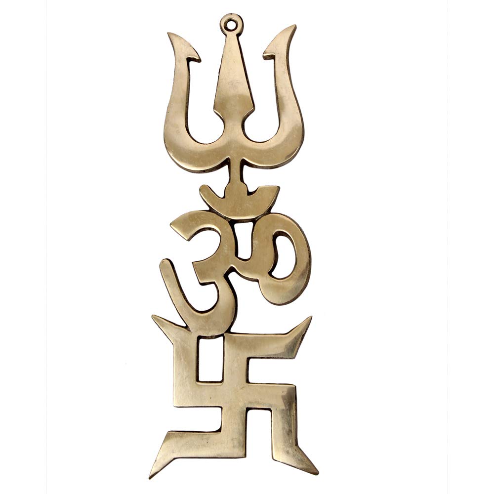 Petrichor Trishakti Yantra Swastik, Om and Trishul - Original Brass Home Decor and Puja Wall Hanging Decoration and Gifting (Medium)