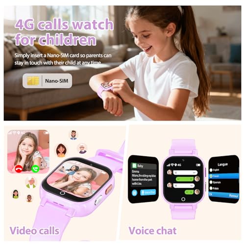 Alutoria Children's Smartwatch with 4G GPS Phone Video Call Voice Chat Pedometer SOS Alarm Clock for Girl and Boy 4-12 Years Gift Purple