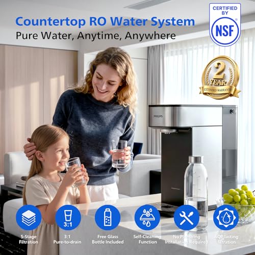 PHILIPS Reverse Osmosis Countertop Water Filter ADD5930BK/37(Ambient), 5-Stage Filtration with Aquaporin Tech, Compact Design Water Purifier for 1-2 People, 2L(0.53 Gal) Tank, Reduce TDS