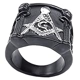 KONOV Mens Stainless Steel Ring, Vintage Heavy Freemason Masonic, Black Silver
