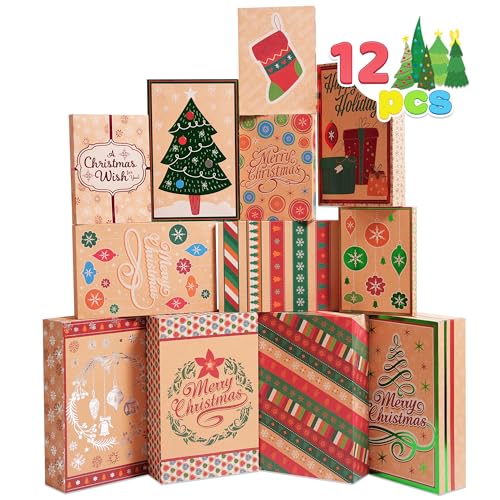 JOYIN 12PCS Christmas Shirt Gift Boxes with Lids for Presents, 3 Sizes Robe Shirt Lingerie Foil Kraft Wrap Boxes for Xmas Holiday Goody Gift Boxes, School Classrooms Party Favor Decoration
