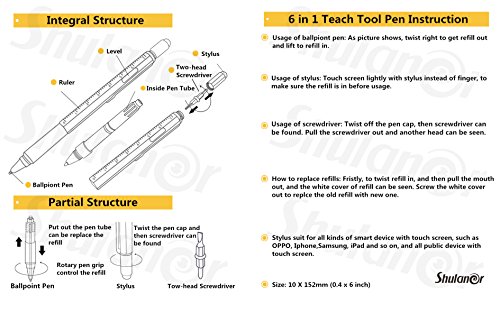 Shulaner 6 in 1 Metal Tech Tool Ballpoint Pens with Ruler, Level, Stylus and Two-head Screwdriver, Multi functional Tool Fits for Mens Gift - Thumbnail 5