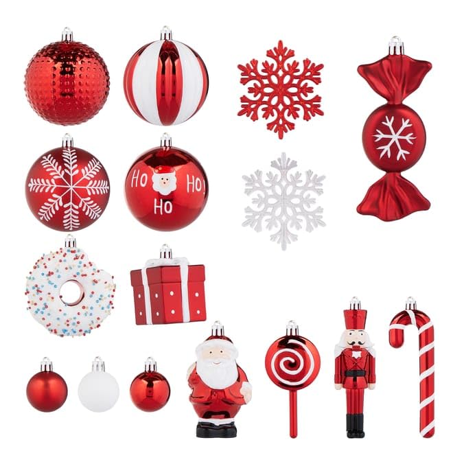 Winter Charm Bauble Set includes classic baubles, candy canes, Santa figures, nutcrackers, and fun shapes like presents and doughnuts 50 Pack