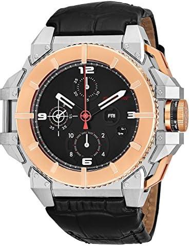 Snyper 'One M Bicolor' Stainless Steel Chronograph Automatic Watches For Men Swiss Made - 43mm Analog Black Face with Day Date Sapphire Crystal Mens Rose Gold Black Leather Band Watch 10.450.00