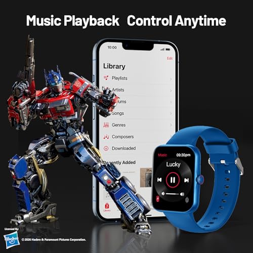 Transformers Reloj Inteligente Niños Hombre Mujeres, 1.83'' HD IP68, Llamadas-Bluetooth, con el Asistente de Voz, Monitoreo de Salud Calorías Sueño Podómetro, Música Notificaciones de Mensajes, Azul