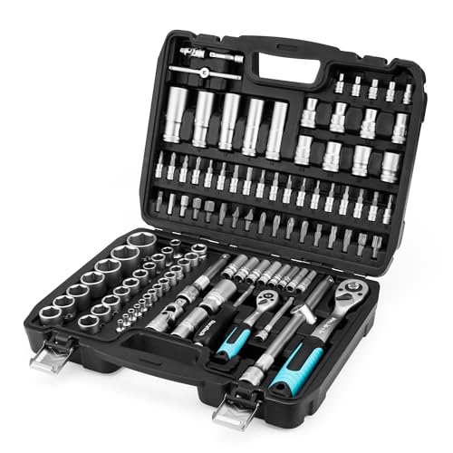 DURATECH 108 Piece Socket Set with Ratchet Wrenches and Bits 1/2 Inch and 1/4 Inch Reversible Ratchet Rattle, Extenders, Bits, Sockets, Chrome Vanadium Steel, Box Included for Car Repair