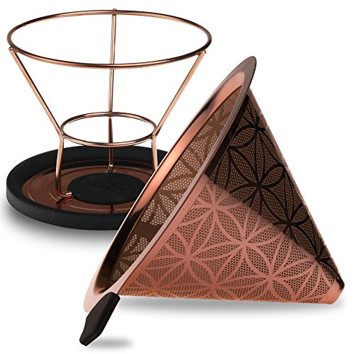 Click Here to See More Images Titanium Coated Steel Reusable Cone Coffee Filter With Elegant Flower Of Life Pattern (No. 4)
