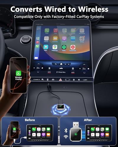 TKHIN Wireless CarPlay for Apple iPhone - Easy Plug Play CarPlay Dongle Convert Factory Wired CarPlay to Wireless Connection, Car Stereos Amplifiers