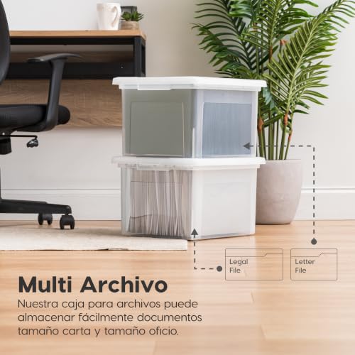 IRIS USA Caja de Transporte de Archivos Tamaño Carta/Legal, Paquete de 4, Caja de Almacenamiento Libre de BPA con Tapa de Seguridad y Cierre Duradero, Archivero Apilable Encajable, Negro/Transparente