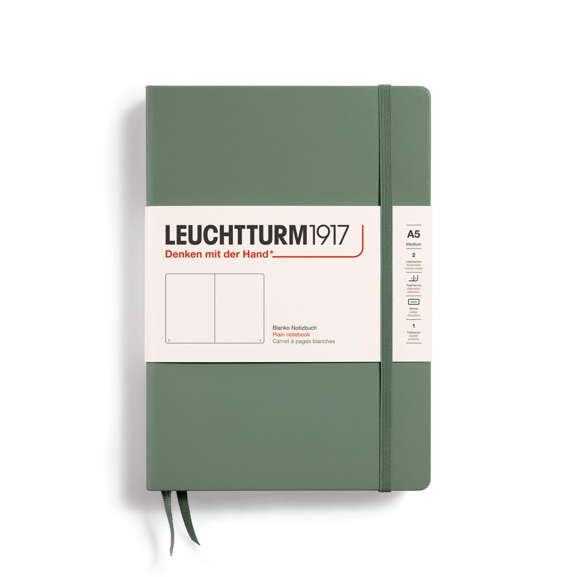LEUCHTTURM1917 365488 Notebook Medium (A5), Hardcover, 251 Numbered Pages, Olive, Plain