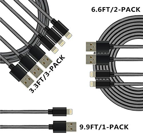 [ 6-Pack ] originAIM High Speed Nylon Braided USB to Lightning Charging Cables (3FT3, 6FT2, 10FT1) (BLACK)