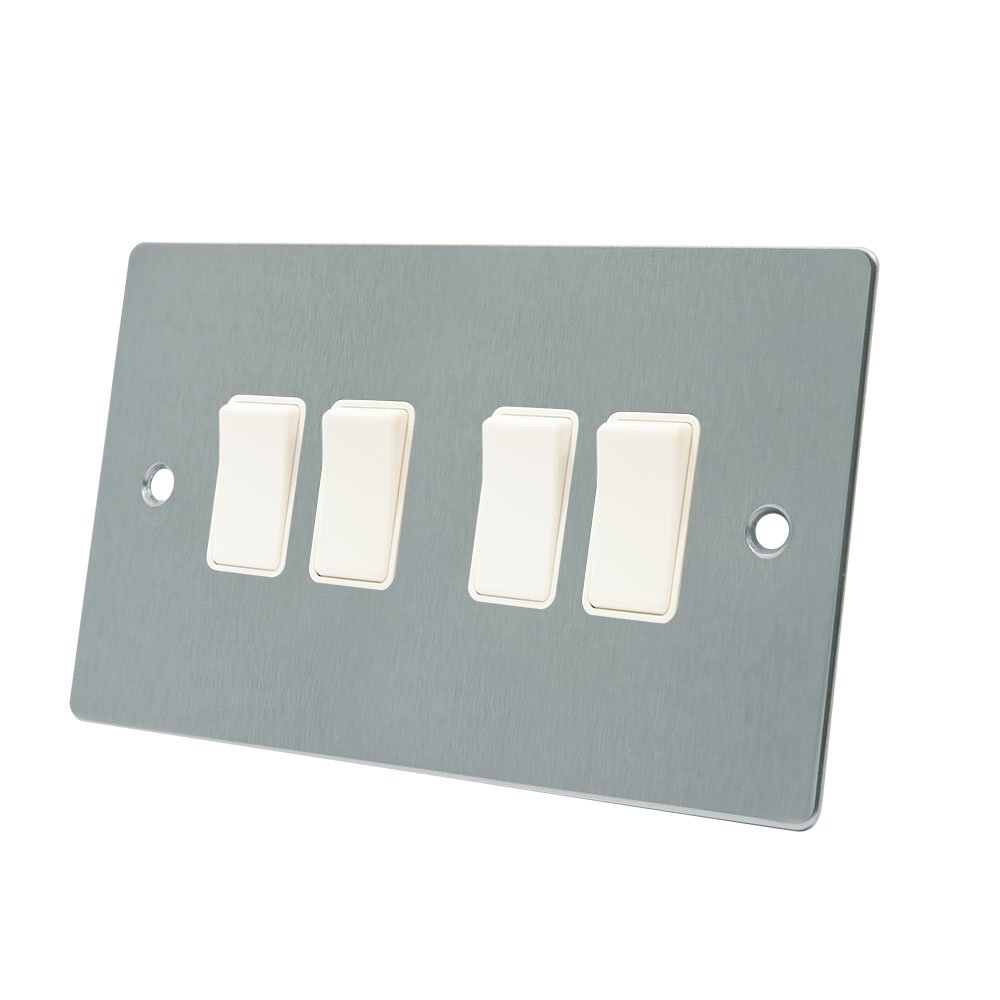 AET FSC4GSWIWH Satin Chrome Flat White Insert Plastic Rocker Switches-10 Amp 4-Gang 2 Way Light Switch, 240 V