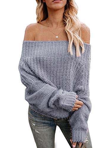 Sysea Womens Sexy V Neck Pullover Sweaters Oversized Off Shoulder Chunky Knit Jumpers (Medium, 1-Grey)