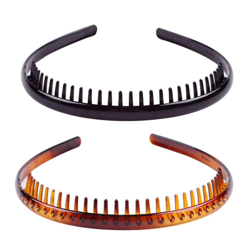 FRCOLOR 2 Pieces Teeth Comb Headbands,Unisex Hard Plastic Tooth Hairband Anti-slip Hair Hoops Daily Headdress Hair Accessory for Women Men(Coffee, Black)