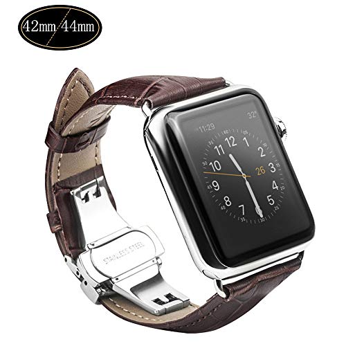 Xboun Alligator Grain Apple watch Series 1/2/3 Replacement Band with Classical Butterfly Push Button Deployment Buckle Strap Fits for ALL Apple Watch 42mm Models - Dark Brown