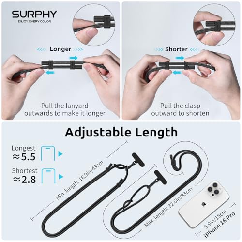 SURPHY Universal Mobile Phone Lanyard, Adjustable and Detachable, Nylon Long Mobile Phone Strap Compatible with Smartphones etc