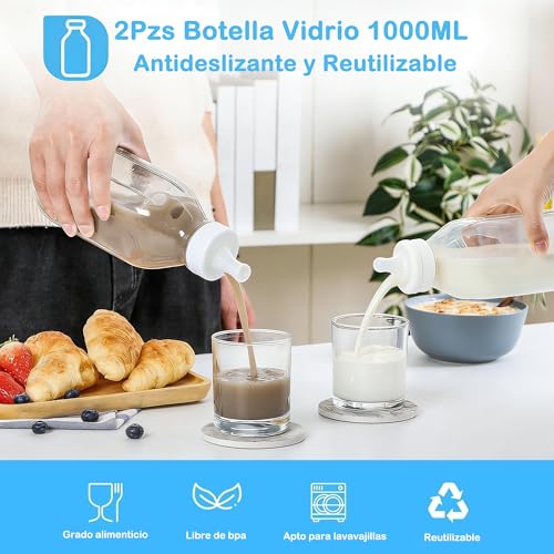 BYKNTEA 2 Piezas Botella de Vidrio para Leche con Tapa 1 Litro, 2 Tetinas y Adhesivo Antideslizante, Fácil de Limpiar, Jarra de Vidrio Grado Alimenticio para Jugo, Miel, Café