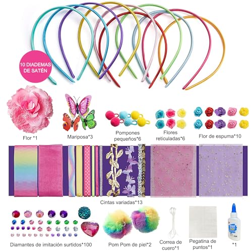 Kit de Fabricación de Diademas para Niñas, Haz Tus Propias Diademas de Moda de 10 Piezas, Set de Accesorios para el Pelo DIY, Juegos de Manualidades Juguetes Regalo Cumpleaños para Niñas de 4 a 10 Años