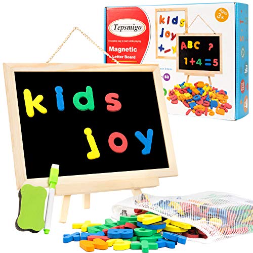 TEPSMIGO Magnetic Letters and Numbers with Board for Kids Preschool- 133 Pieces Foam Fridge Alphabet Magnets, Educational Dry Erase Whiteboard Chalkboard for Toddlers Writing Drawing