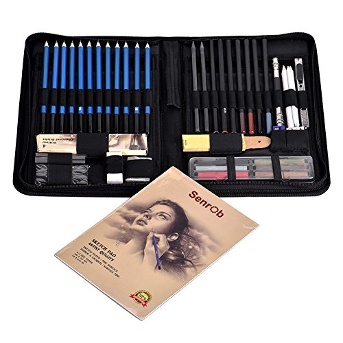 Senrob 48 Pcs Sketch& Drawing Pencil Set with Graphite& Charcoal Pencils, Erasers, Craft Knife, Sketch Book, Zippered Carry Case, Professional Art Kit for Artist, Beginner, Student, Kids & Adults
