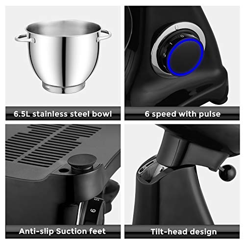 Robot Pâtissier Multifonctions de Cuisine, PHISINIC 6.5L 1800W Puissant, Métalique, Mixeur Batteur sur Scole, avec Batteur, Fouet, Crochet Pétrin (Noir)