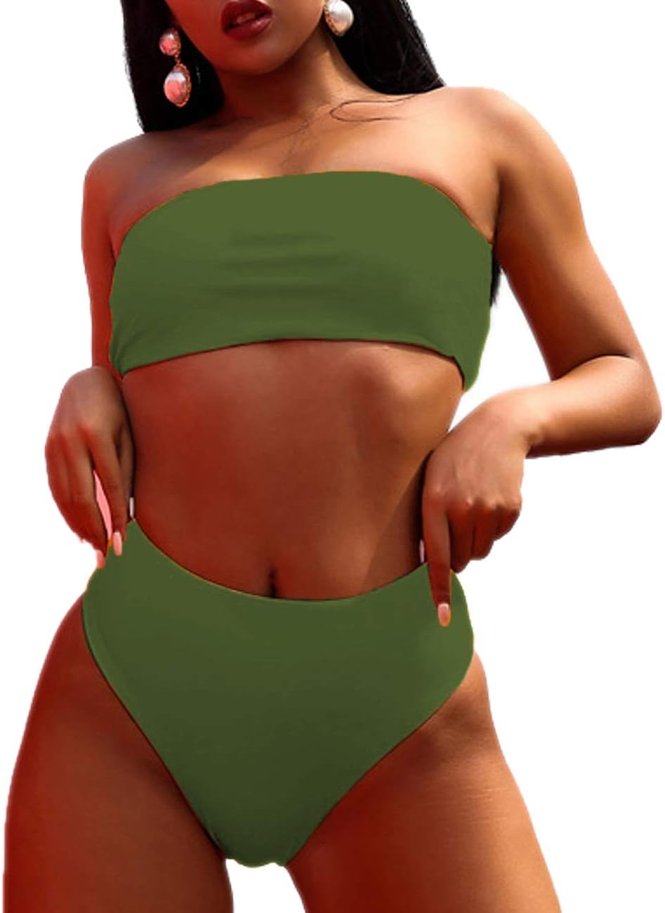 CROSS1946Women's Padding up Sexy Bikini Set Solid Color Strapless Bandeau Swimsuit High Waist Beachwear