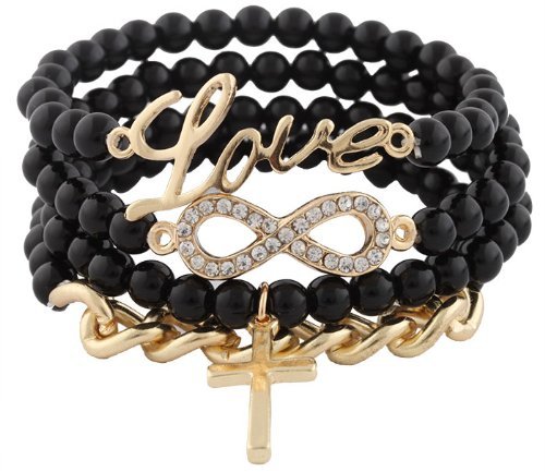2 Sets of of Ladies Glossy Black & Goldtone with Clear Iced Out Infinity Sign Charm with Script Love Cross & Chain Bundle Stretch Bracelet