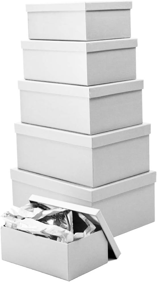 UNIQOOO 6Pcs Matte Silver Nesting Gift Boxes Set, Rectangle Shape Cardboard Box Rigid Lid, Durable Reuseable, for Gift Wrapping Wedding Birthday Party Favors, Storage Box Decoration, Assorted Size S-M