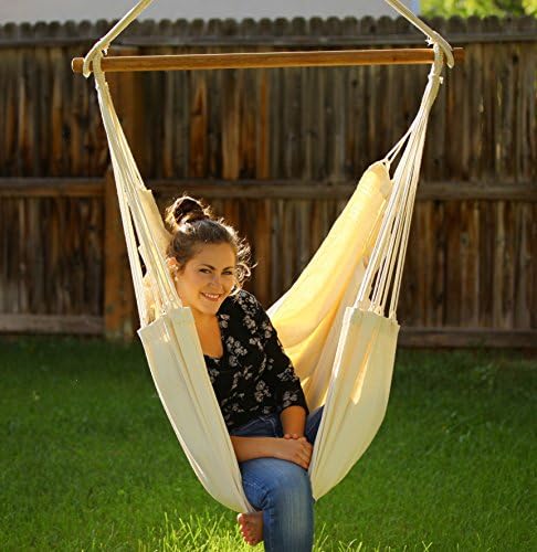 Authentic Brazilian Hammock, Large Hanging Rope Chair Swing ( Hand Made in Brazil) for Yards, Bedrooms, Porches, Indoor / Outdoor, Built by Traditional Artisans Ivory Color