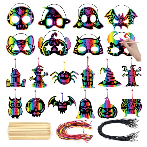 PARTYWIND Halloween Scratch Paper Art Set for Kids Crafts, 46 PCS Scratch Masks + Scratch Off Cards for Kids Halloween Activities Games, DIY Halloween Party Decorations Supplies Ornaments