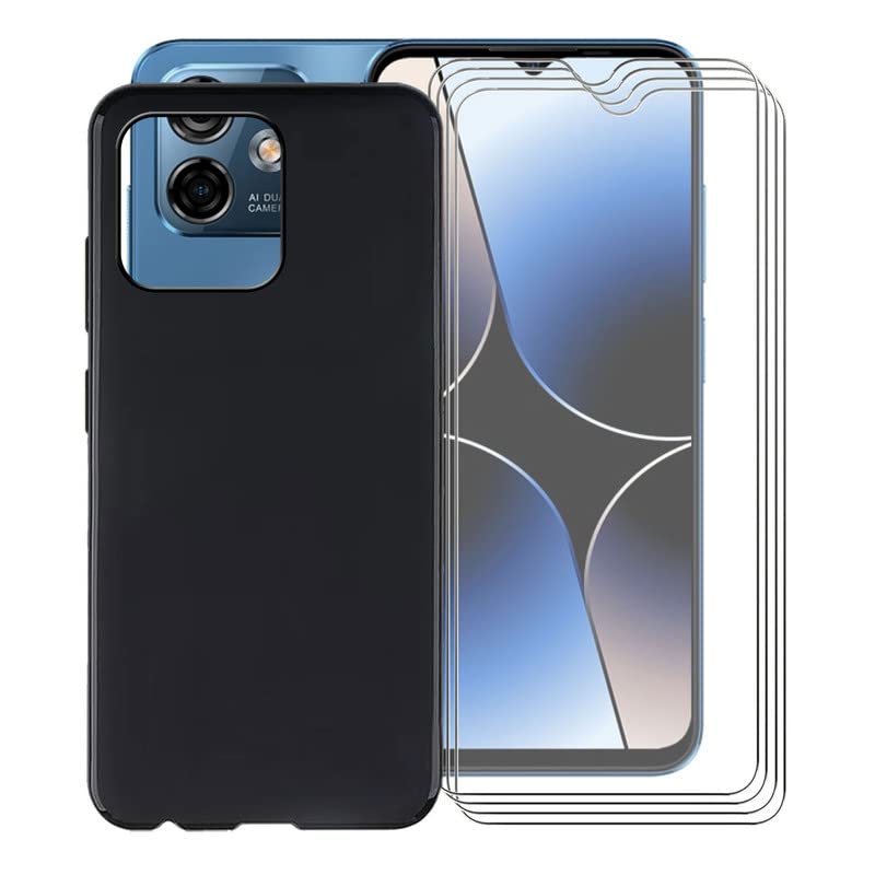 KJYF For Ulefone Note 16 Pro Phone Case and Screen Protector, Black Fashion Soft TPU Shockproof Cover + [4 PACK] HD Tempered Glass Protective Film For Ulefone Note 16 Pro (6.52") - Simple