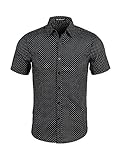 Allegra K Men Short Sleeves Single Breasted Cotton Dots Shirt Large Black