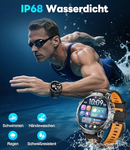 LIGE Military Smartwatch Men - 1000 mAh/1.85 Inch HD Large Touch Screen/LED Light, Fitness Watch with 110+ Sports Modes, Heart/Sleep Tracking, 2 Bracelets, IP68 Waterproof, Sports Watch for iOS/Android, Black
