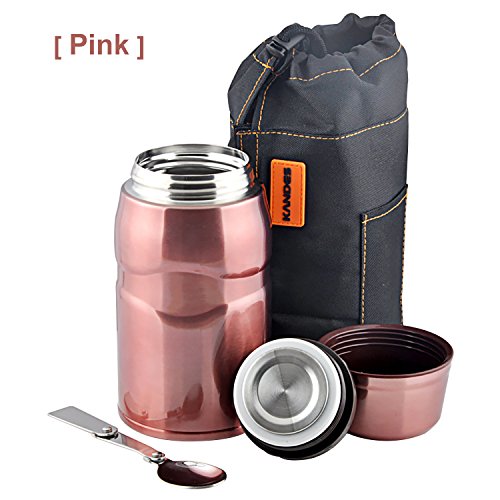 Insulated Vacuum Food Jar, Stainless Steel Stewed Pot with Folding Spoon, Storage Container Cup for Travel/Picnic/Camping/Hiking, 750ml/26.5oz (Pink)