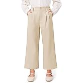 Haloumoning Girls Uniform Pants Kids High Waisted Wide Leg Dress Pants Casual Trousers with Pockets 5-14 Years